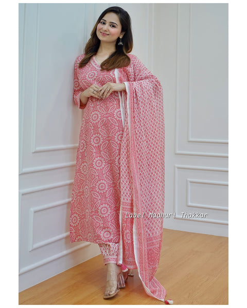 White-Pink Floral Afghani Suit Set with Afghani Pants and Dupatta