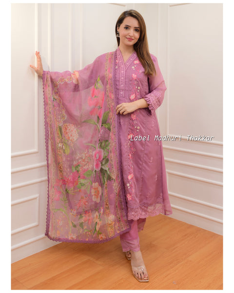 Mauve Threadwork A Line Suit Label Madhuri Thakkar