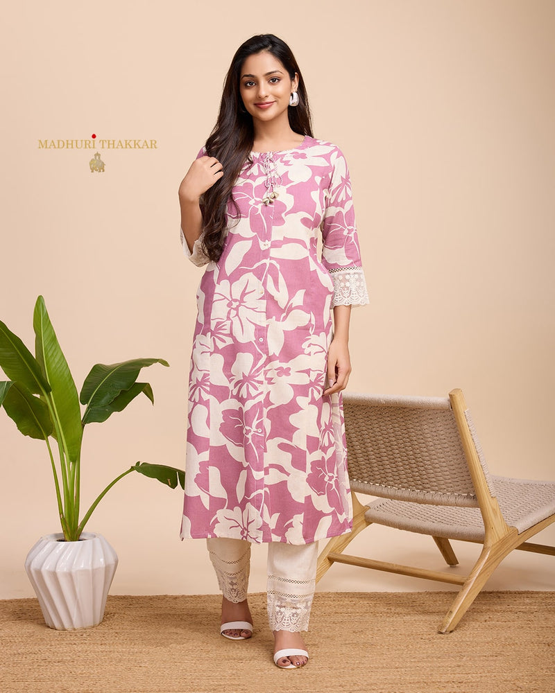 Lilac Ivory A Line Cotton Kurta Set