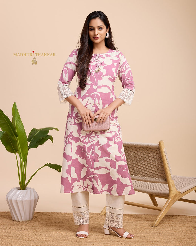 Lilac Ivory A Line Cotton Kurta Set