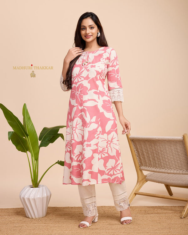 Peach Ivory A Line Cotton Kurta Set