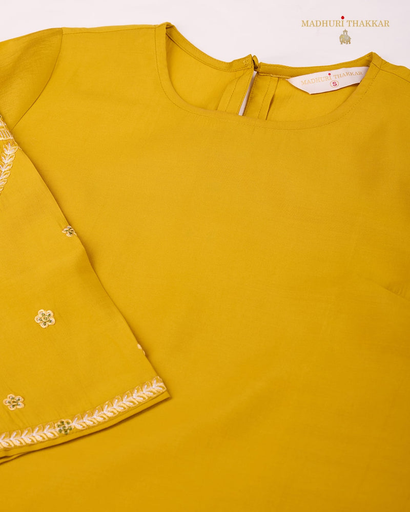 Mustard Yellow Silk Threadwork Kurta Set