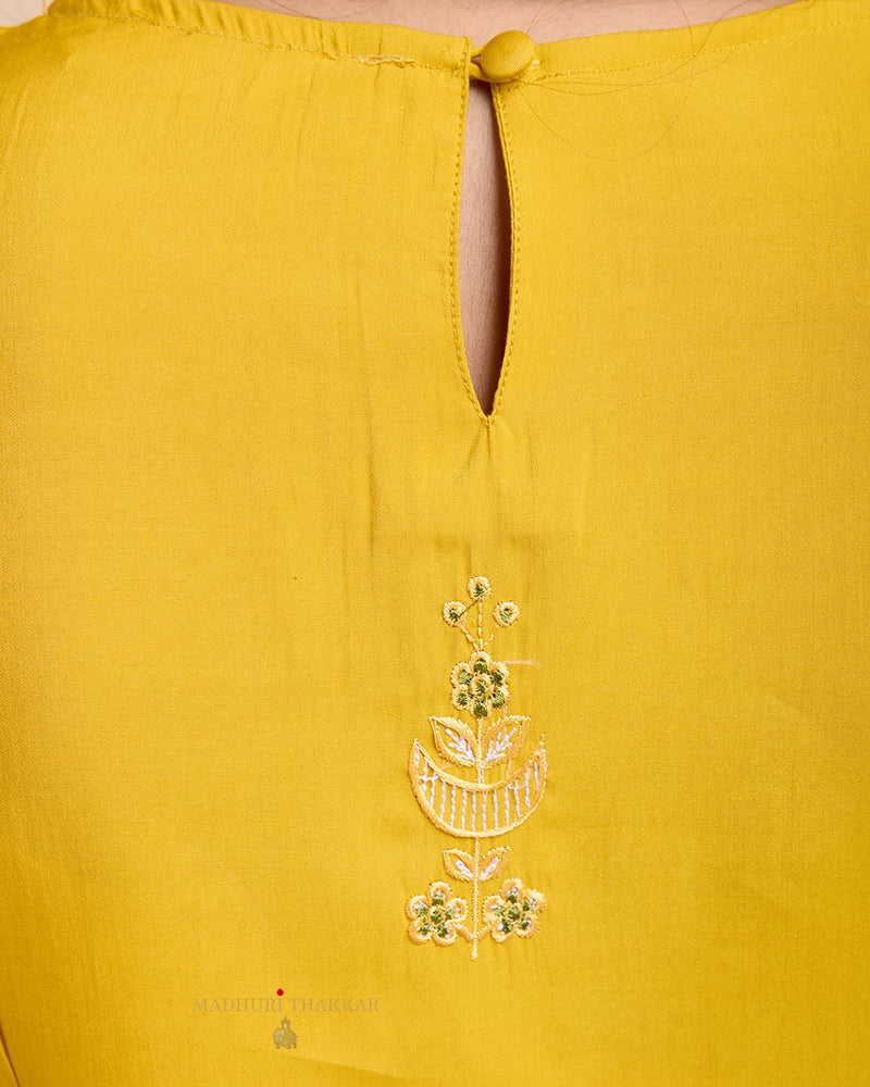 Mustard Yellow Silk Threadwork Kurta Set