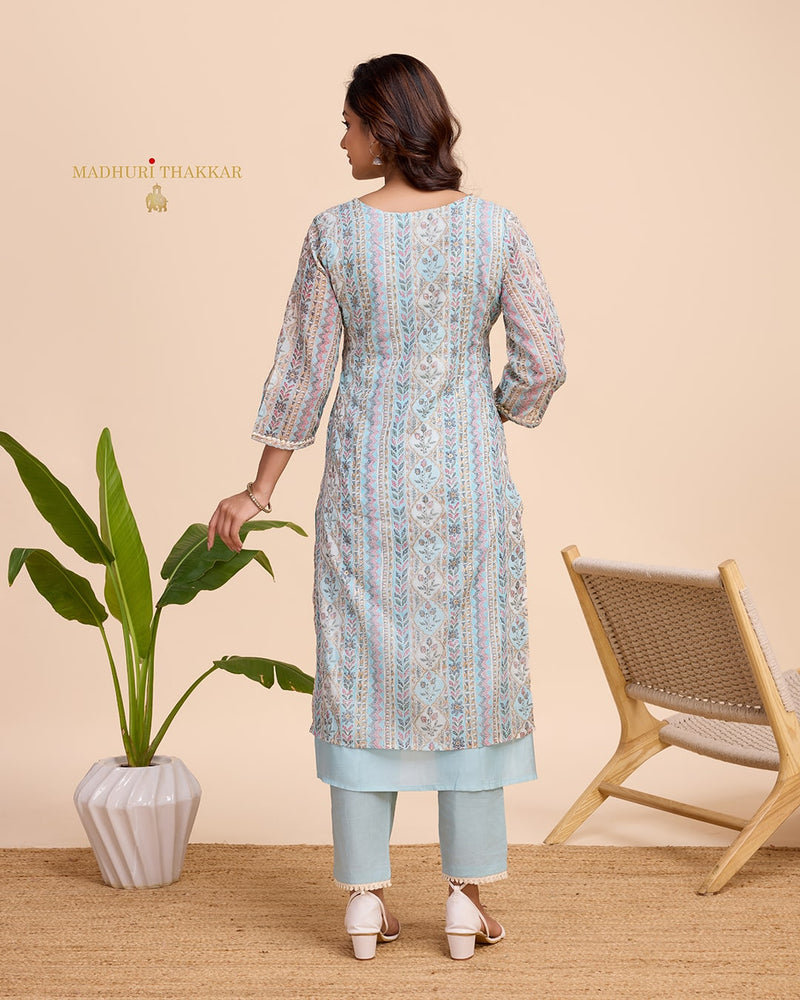 Blue Printed A Line Cotton Kurta Set