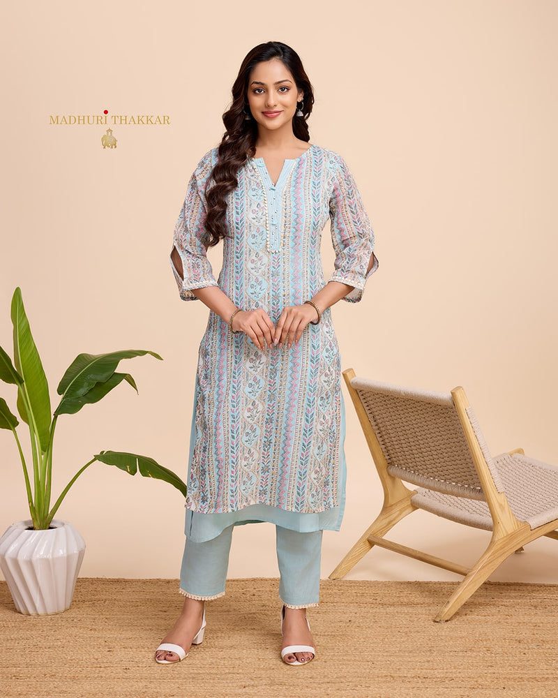 Blue Printed A Line Cotton Kurta Set