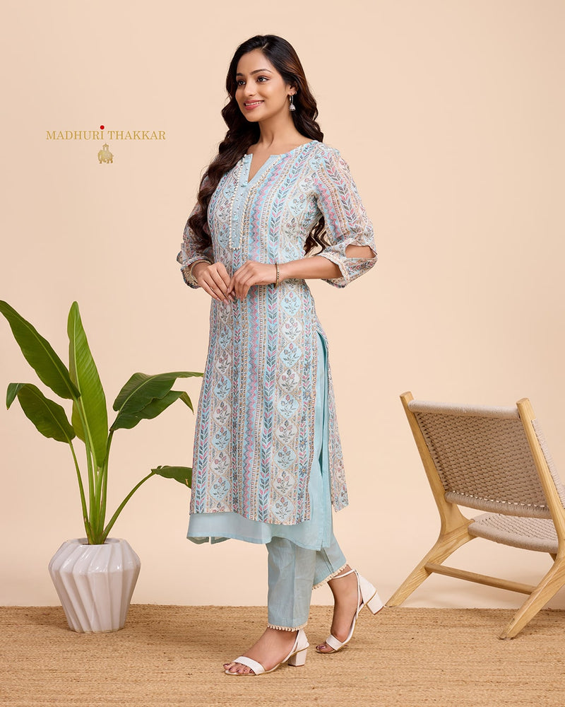 Blue Printed A Line Cotton Kurta Set