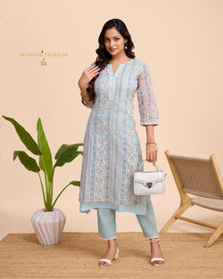 Blue Printed A Line Cotton Kurta Set