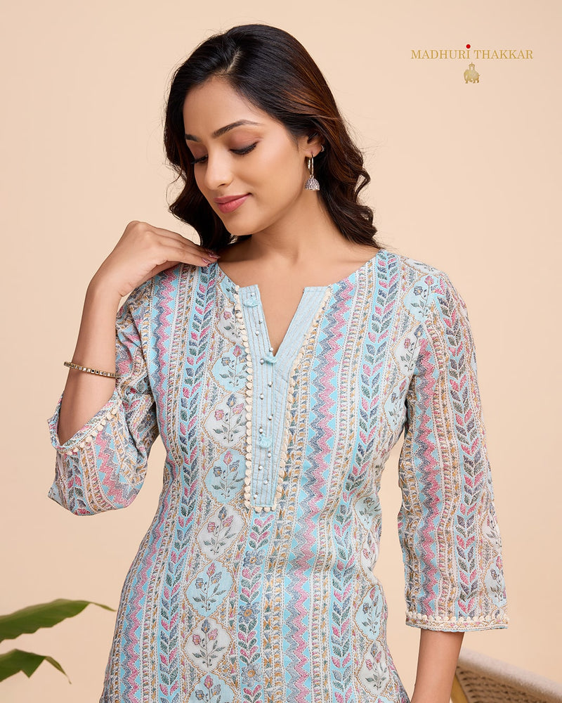 Blue Printed A Line Cotton Kurta Set