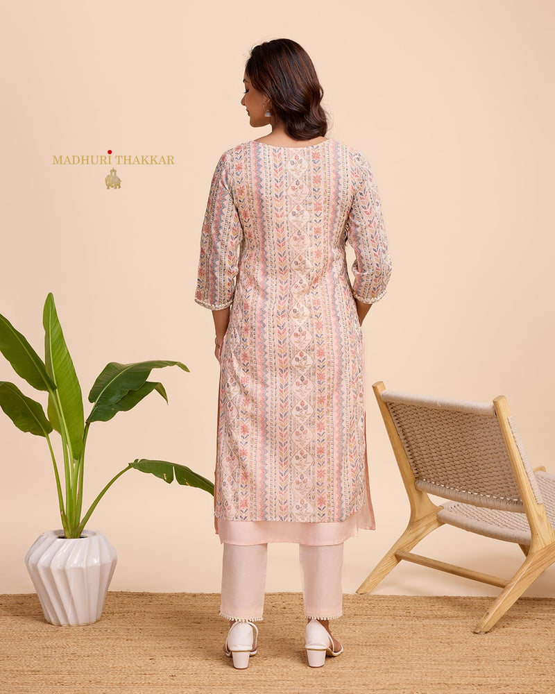 Peach Printed A Line Cotton Kurta Set