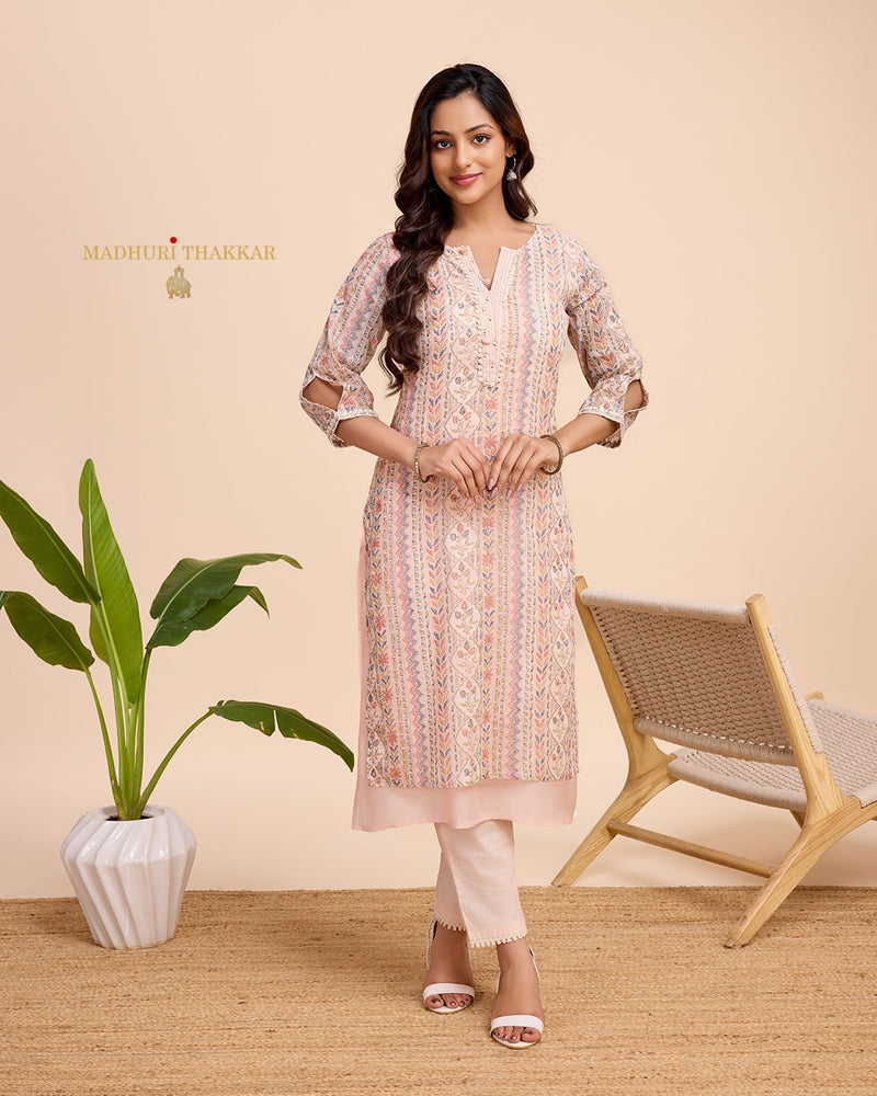 Peach Printed A Line Cotton Kurta Set