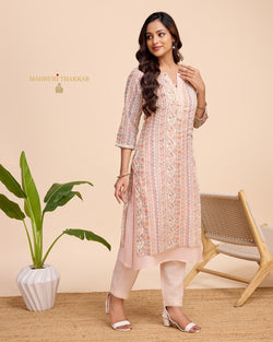 Peach Printed A Line Cotton Kurta Set