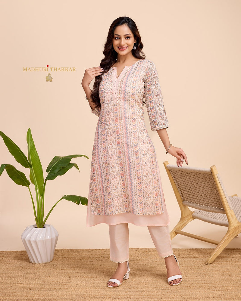 Peach Printed A Line Cotton Kurta Set