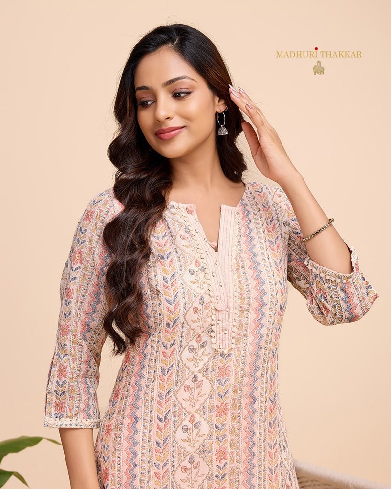 Peach Printed A Line Cotton Kurta Set