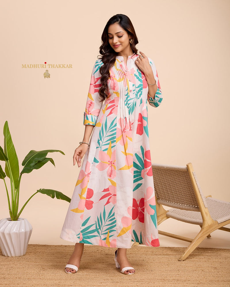 Multi Color Floral Cotton Pintex Dress