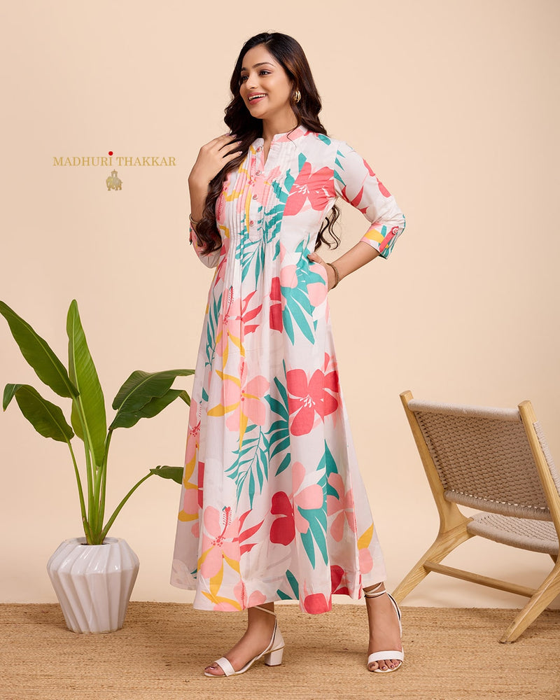 Multi Color Floral Cotton Pintex Dress