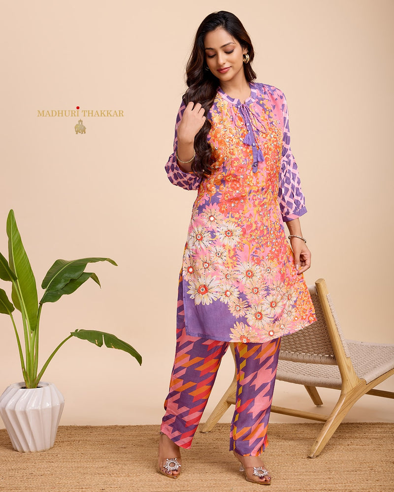 Purple Handwork Crepe Muslin Co-ord