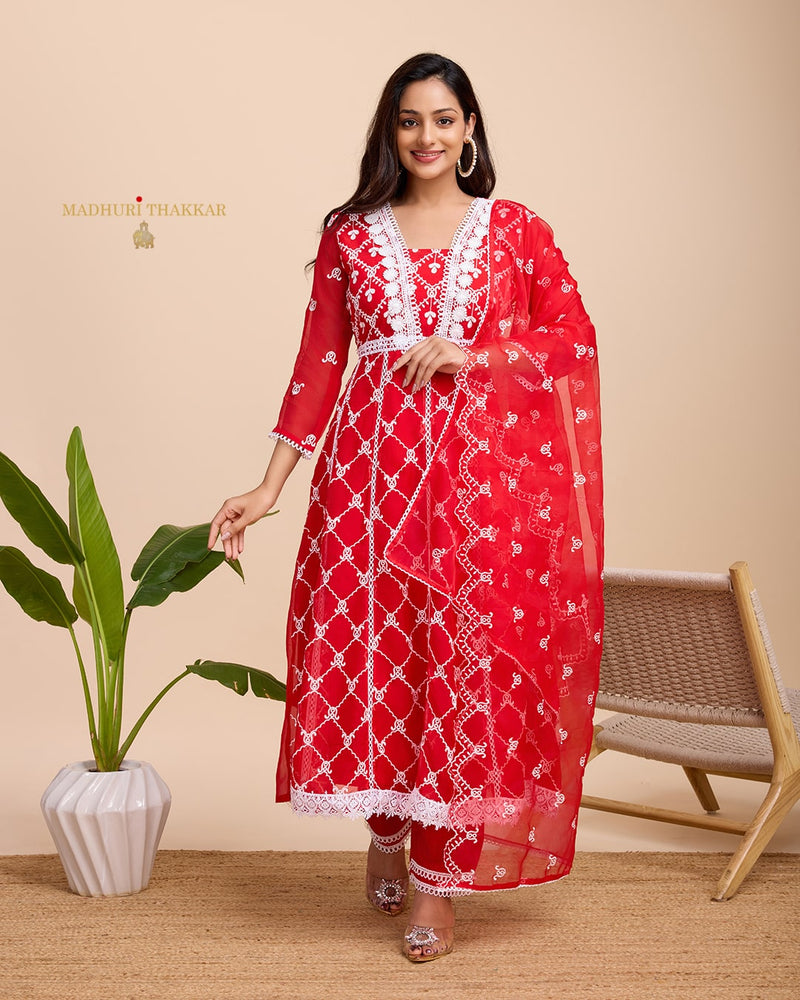 Red Organza Schiffli Anarkali