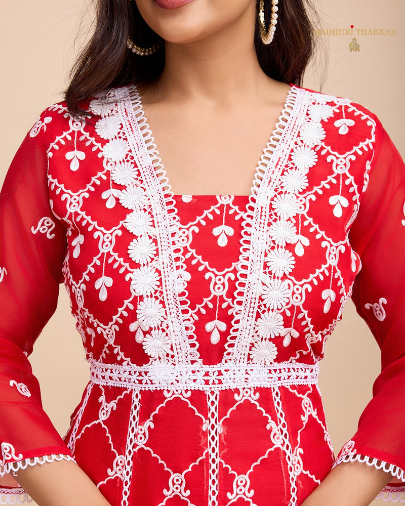 Red Organza Schiffli Anarkali