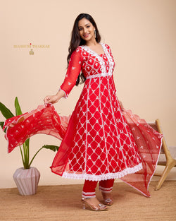 Red Organza Schiffli Anarkali