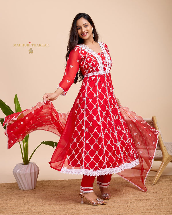 Red Organza Schiffli Anarkali