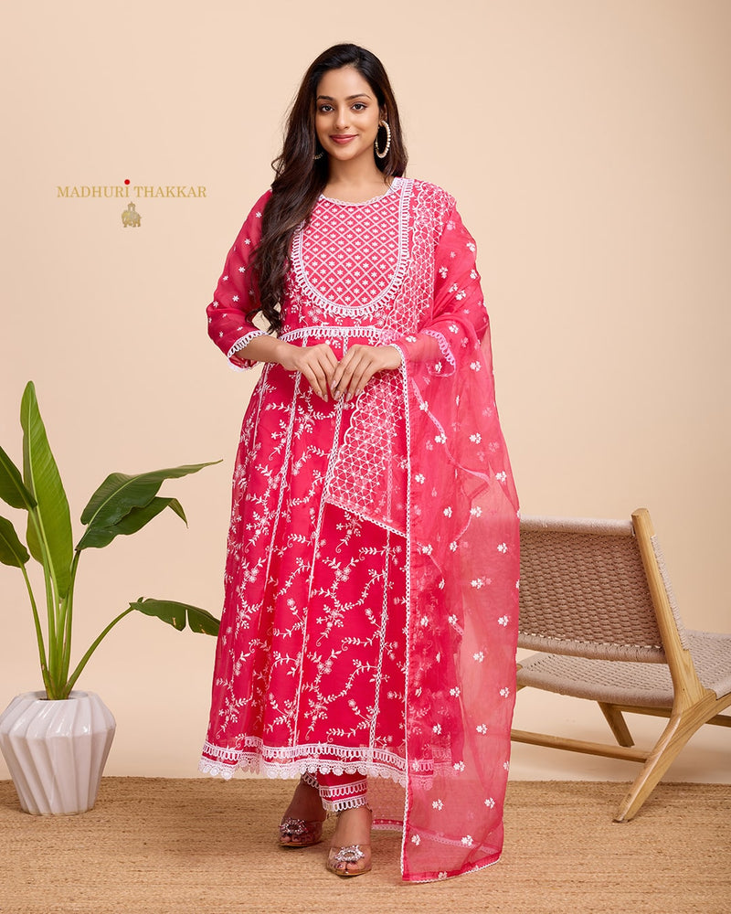 Pink Threadwork Organza Anarkali