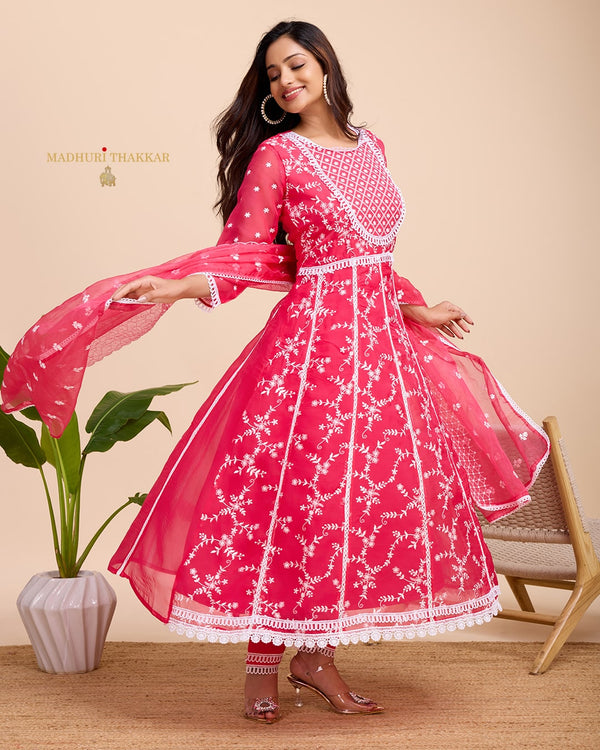 Pink Threadwork Organza Anarkali