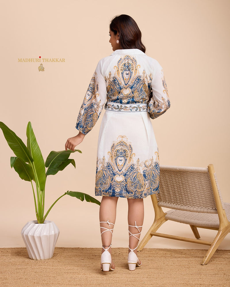 White Blue Paisley Digital Printed Cotton Dress