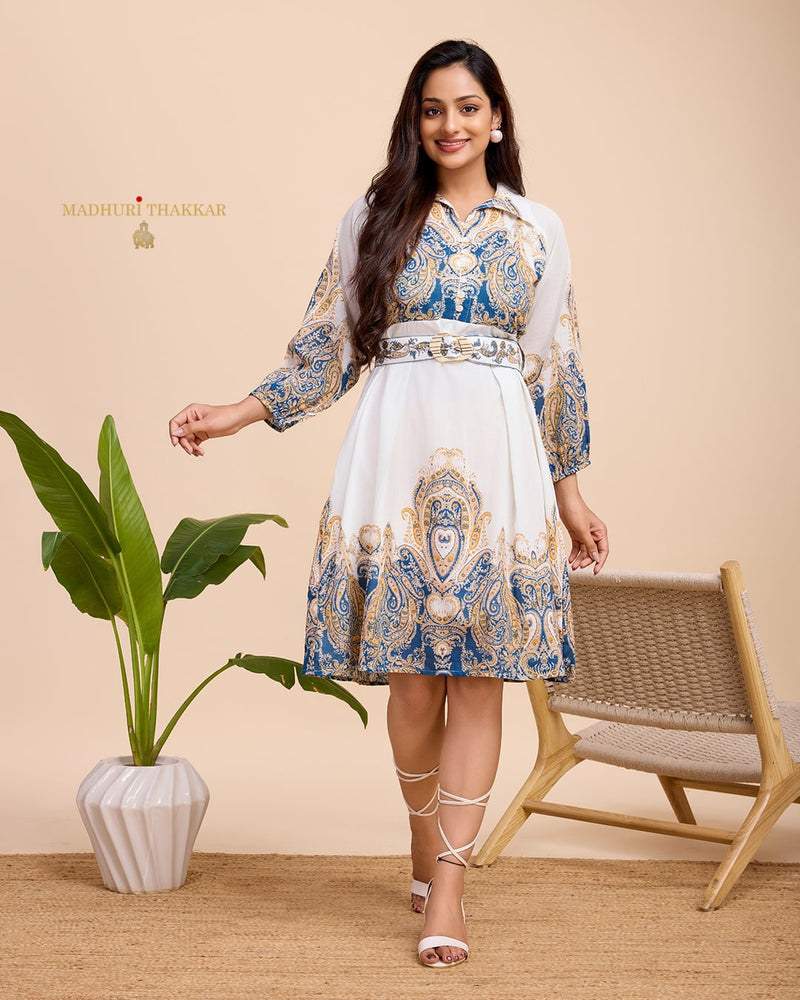 White Blue Paisley Digital Printed Cotton Dress