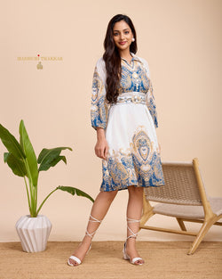 White Blue Paisley Digital Printed Cotton Dress