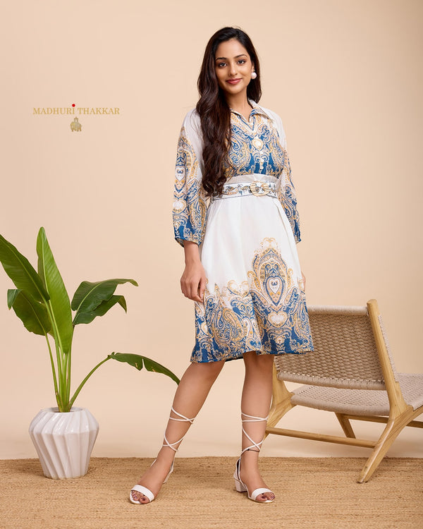 White Blue Paisley Digital Printed Cotton Dress