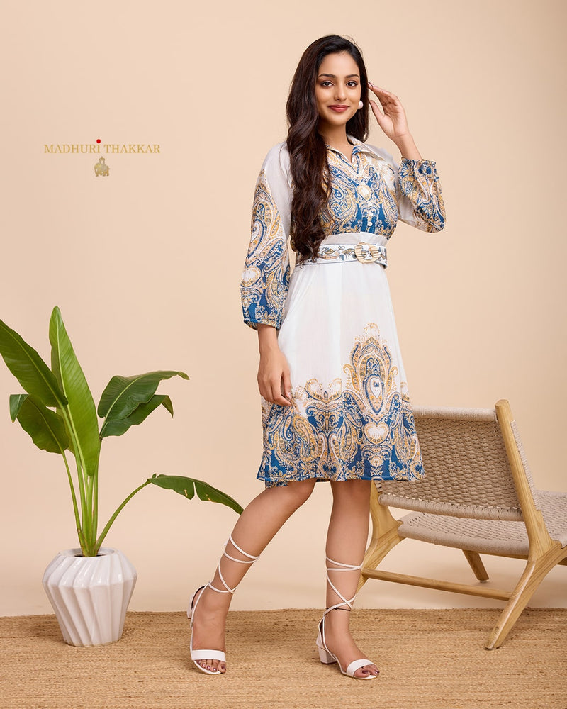 White Blue Paisley Digital Printed Cotton Dress