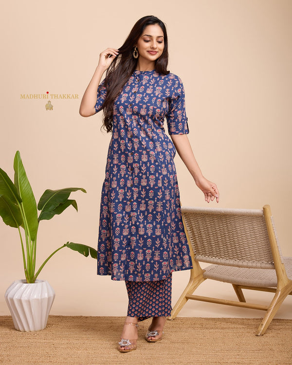 Navy Blue Floral Cotton Kurta Set