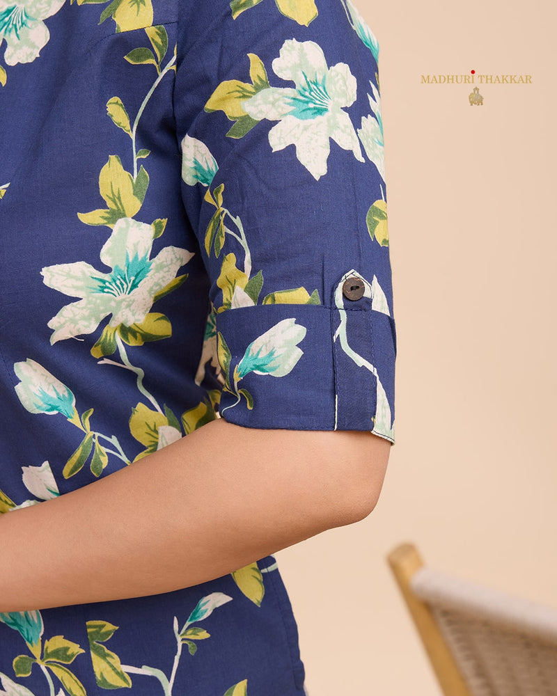 Indigo Blue Floral Cotton Kurta Set