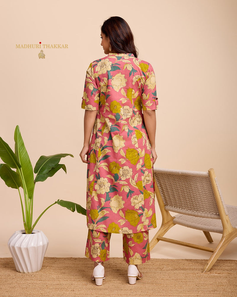 Peach Floral Cotton Kurta Set