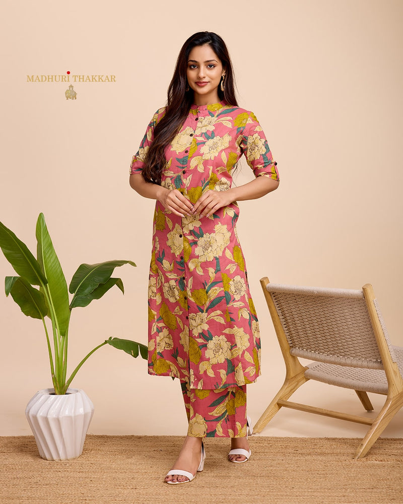 Peach Floral Cotton Kurta Set