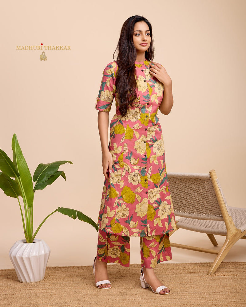 Peach Floral Cotton Kurta Set