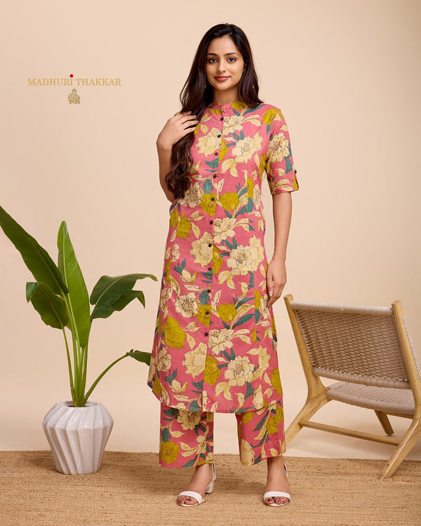 Peach Floral Cotton Kurta Set