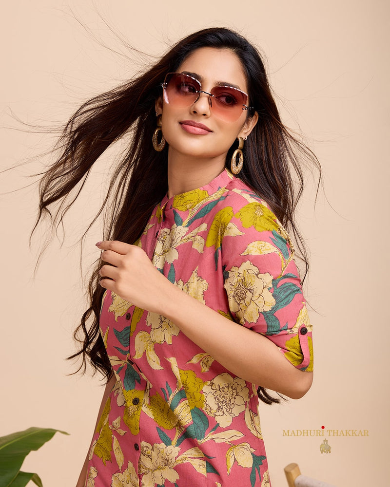 Peach Floral Cotton Kurta Set