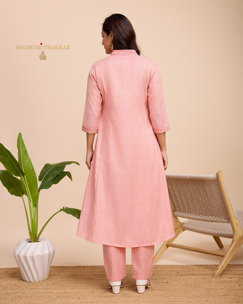 Peach Embroidered A Line Kurta Set