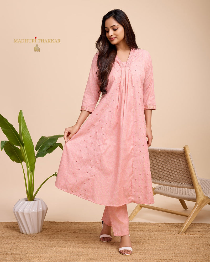 Peach Embroidered A Line Kurta Set