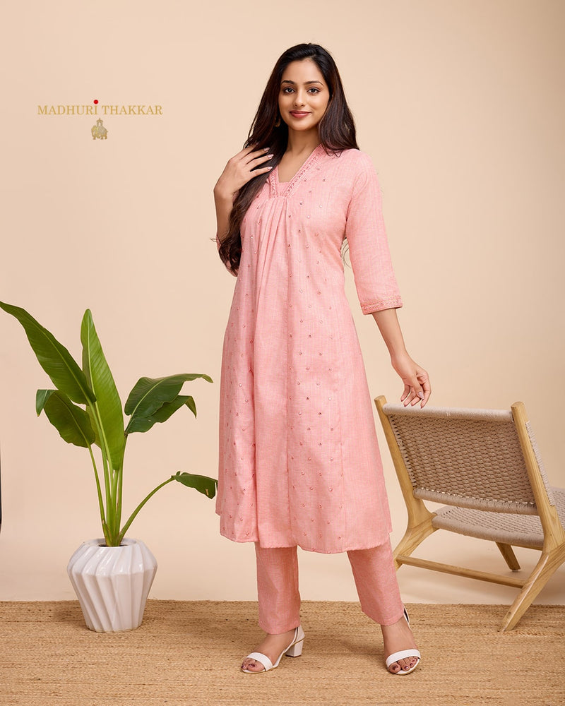 Peach Embroidered A Line Kurta Set