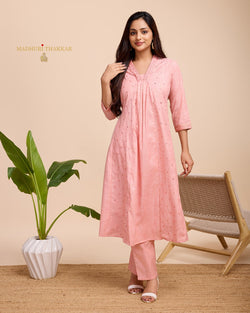 Peach Embroidered A Line Kurta Set