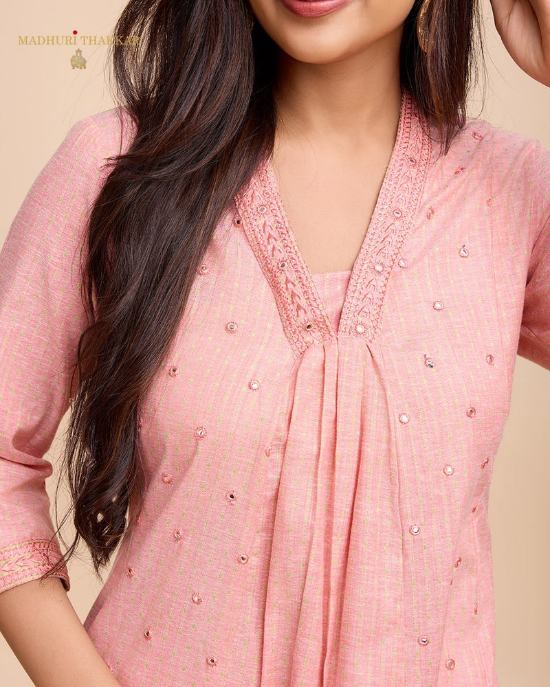 Peach Embroidered A Line Kurta Set