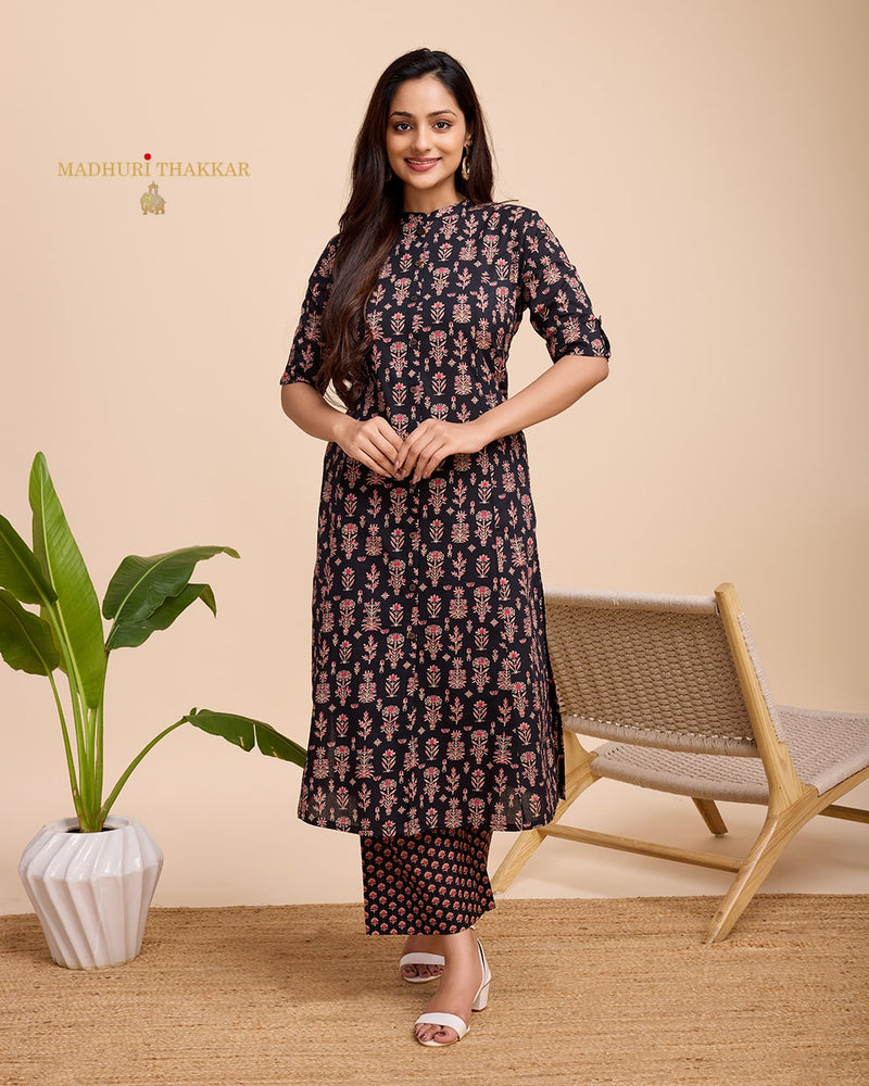 Black Floral Cotton Kurta Set