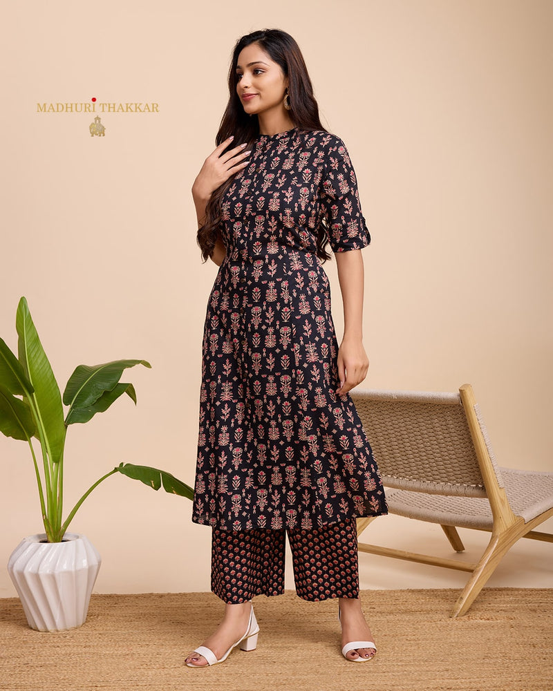 Black Floral Cotton Kurta Set