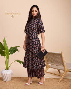 Black Floral Cotton Kurta Set