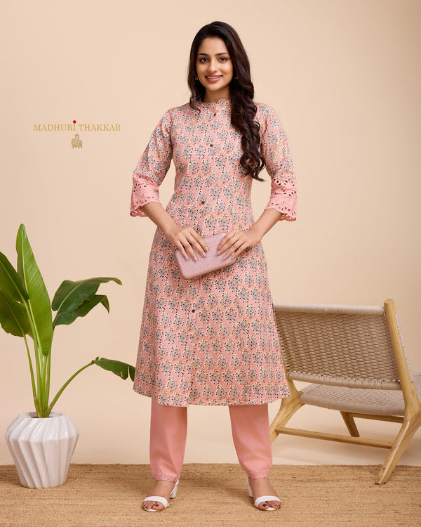 Mauve Paisley Cotton A Line Kurta Set