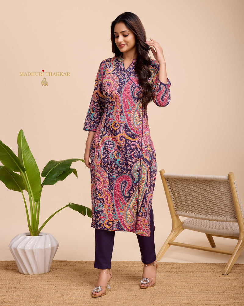 Purple Paisley Sequin Cotton Kurta Set