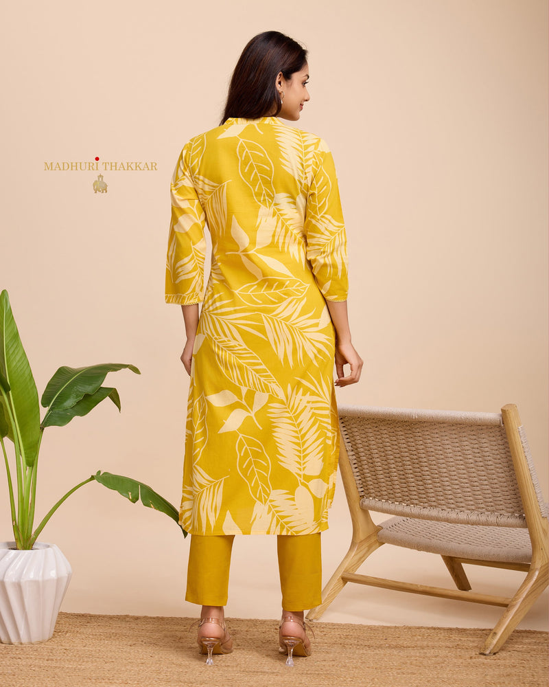 Yellow Leaf Sequin Cotton Kurta Set