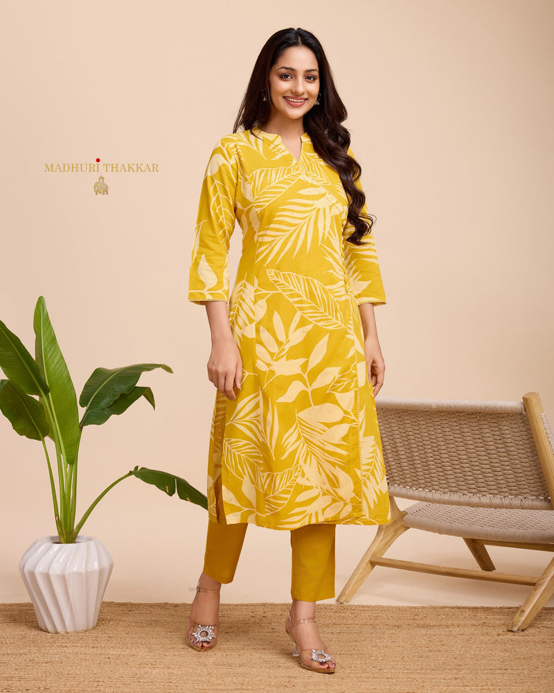 Yellow Leaf Sequin Cotton Kurta Set